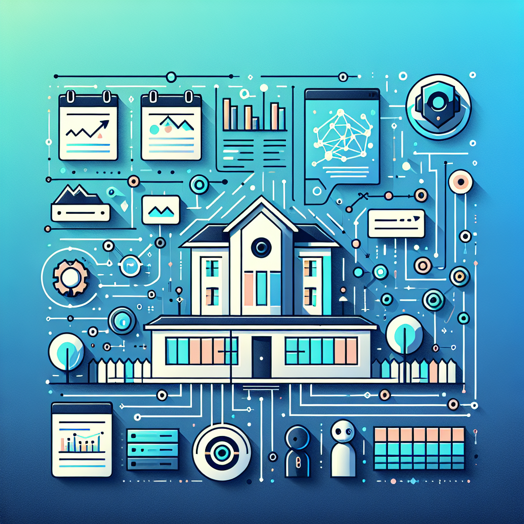 Vibrant header image for the blog "Transform Your Real Estate Game with AI Data Analytics for Property," featuring a minimalistic property graphic, tech elements like data charts, playful AI robot companions, and sleek user interface options, all set against a gradient background of Gulf Blue and Stratos.