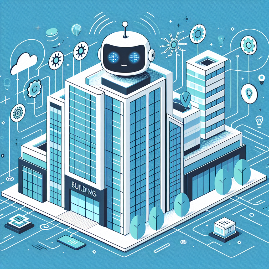 Flat illustration of a modern facility with a friendly AI companion, featuring a Gulf Blue background with geometric patterns, showcasing the theme of an AI facility management solution to enhance efficiency.