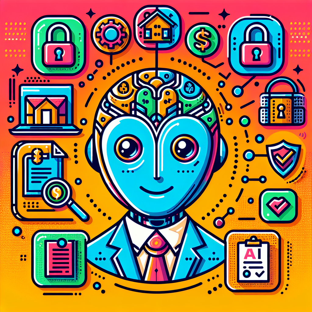 Vibrant illustration of a friendly AI character surrounded by playful icons representing leasing aspects like houses and money, emphasizing AI fraud detection for leasing with bold typography and pop-art influences in a warm and inviting design.