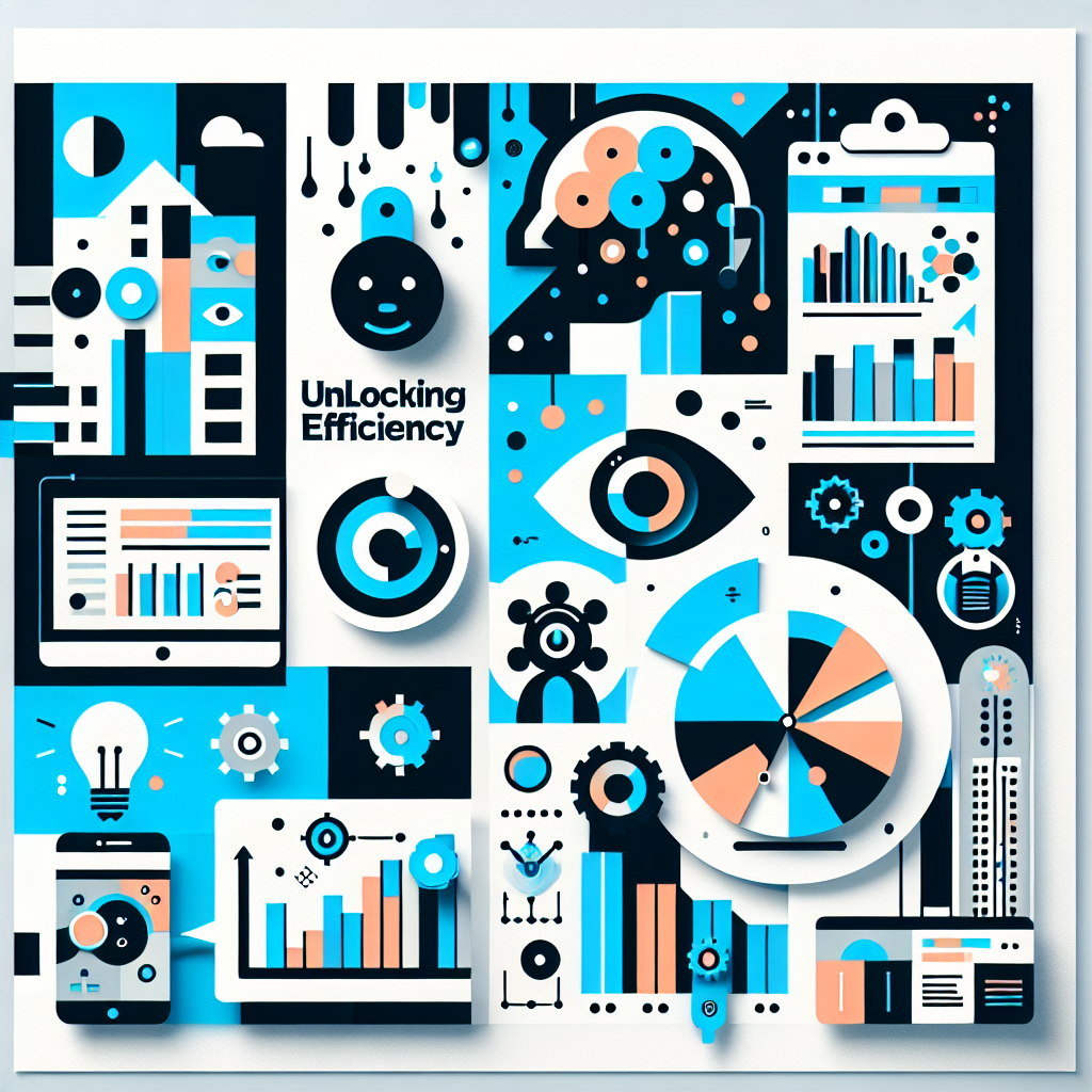 Vibrant image illustrating AI property management analytics, featuring friendly abstract AI characters, flat-style graphs and analytics dashboards in Gulf Blue and Stratos, playful pop-art icons like lightbulbs and gears, all set against a clean white background with modern typography stating "Unlocking Efficiency" to convey innovation and support in property management.