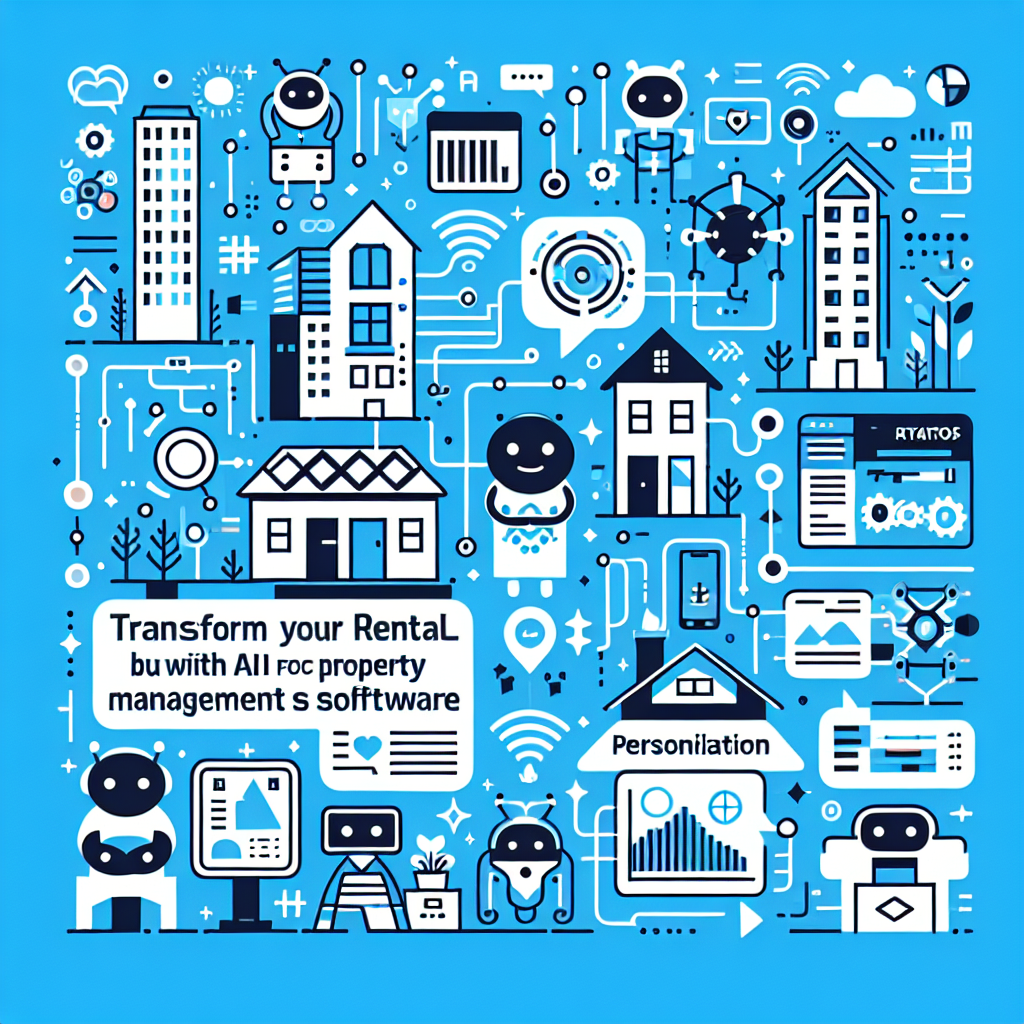 Featured image for blog 'Transform Your Rental Business with AI Property Management Software' showcasing a vibrant Gulf Blue background, bold title text in Stratos, flat illustrations of modern properties, playful AI companions like friendly robots, and personalization symbols, all designed to convey innovation in property management.