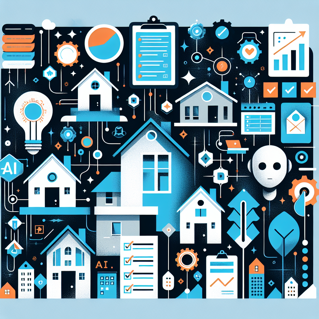 Image depicting the concept of AI real estate automation, featuring a gradient background of Stratos and Gulf Blue, illustrated buildings and homes, stylized minimalist AI companions, and symbols of automation like gears and arrows, all designed in a professional and modern graphic style.