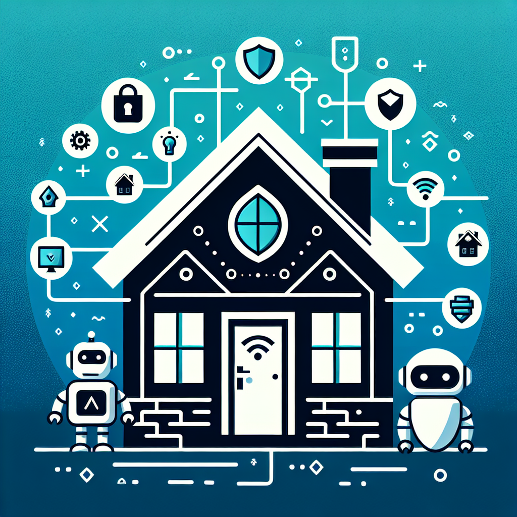 Featured image for the blog ‘AI Real Estate Security Systems: The Future of Safe Homes’, showcasing a minimalist tech design with a Gulf Blue and Stratos gradient background, centered black house icon with white accents, friendly AI companions, security symbols like a shield and padlock, and small security feature icons, emphasizing the integration of AI real estate security systems for a safe home environment.