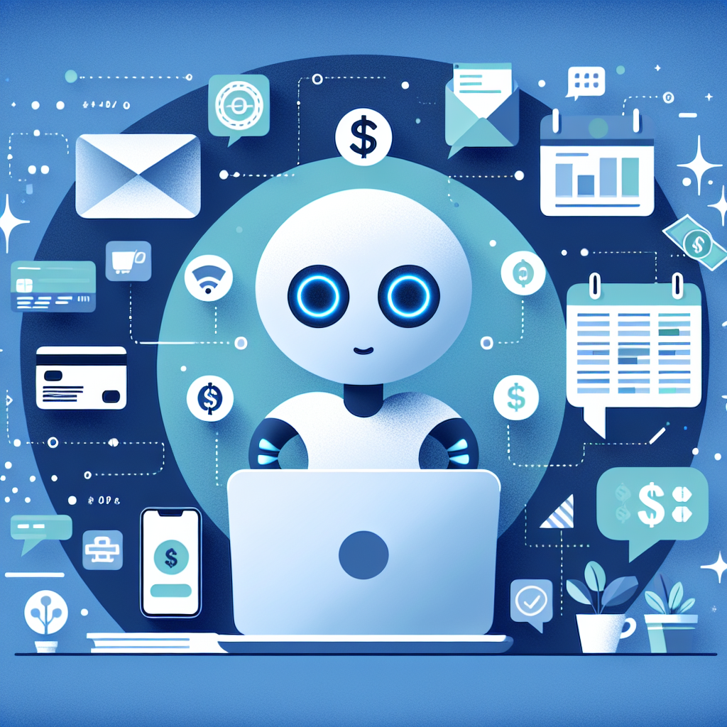 AI rent collection automation illustration featuring a friendly AI character interacting with a laptop and scattered payment icons on a Stratos to Gulf Blue gradient background, emphasizing professionalism with playful elements like speech bubbles and happy faces, aligned with the blog title.