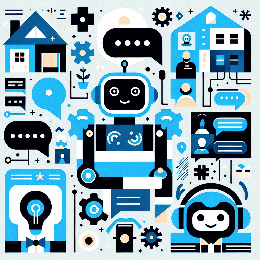 Bold flat illustration showcasing friendly AI avatars and minimalistic property management icons, emphasizing AI tenant communication tools with a professional color palette of Stratos, Gulf Blue, Black, and White, set against a clean background for a modern, engaging look.