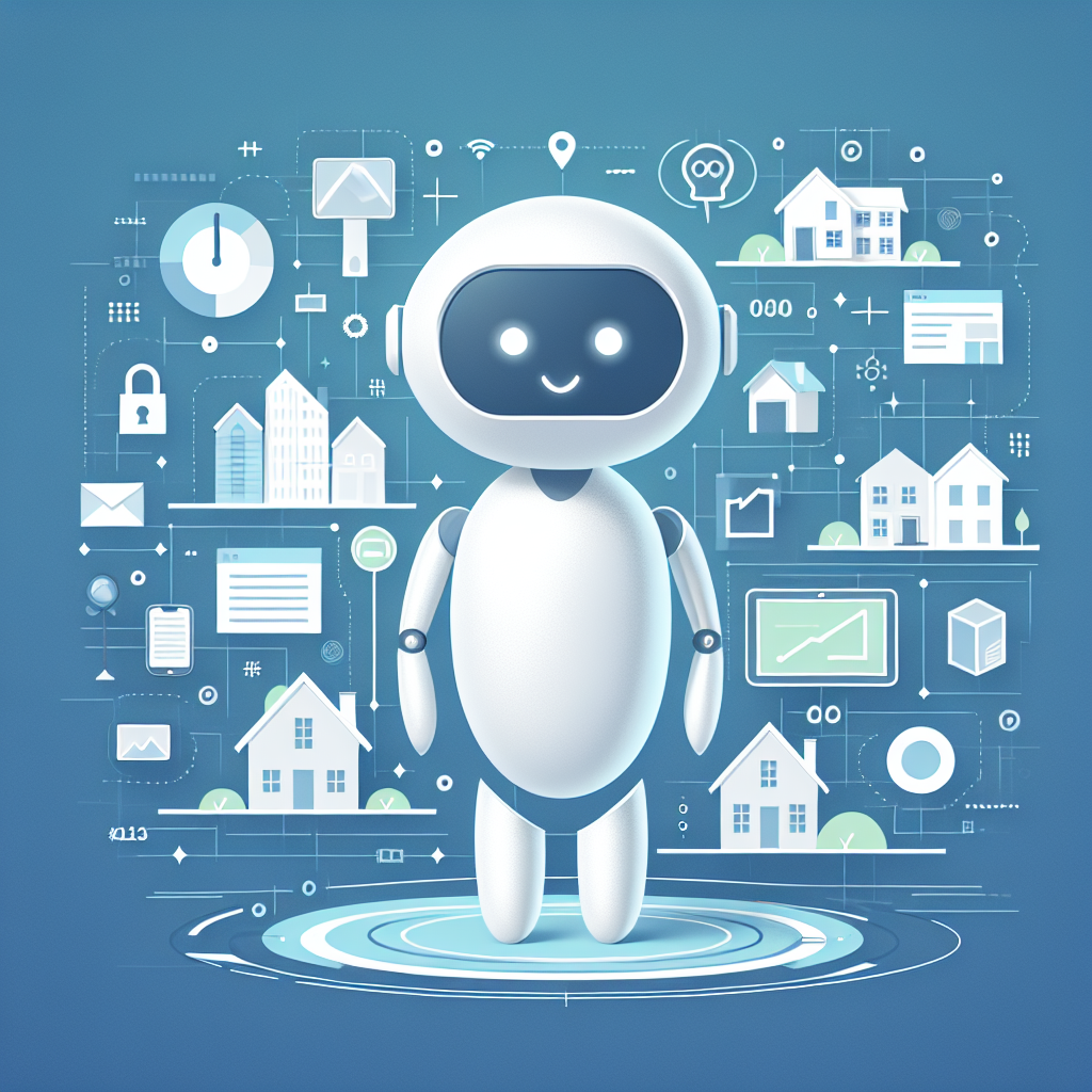 AI virtual property tours image featuring a friendly AI character against a gradient background of Stratos and Gulf Blue, surrounded by minimalist flat illustrations of buildings, interactive virtual reality elements, and a bold title overlay, embodying a tech-forward, engaging design.