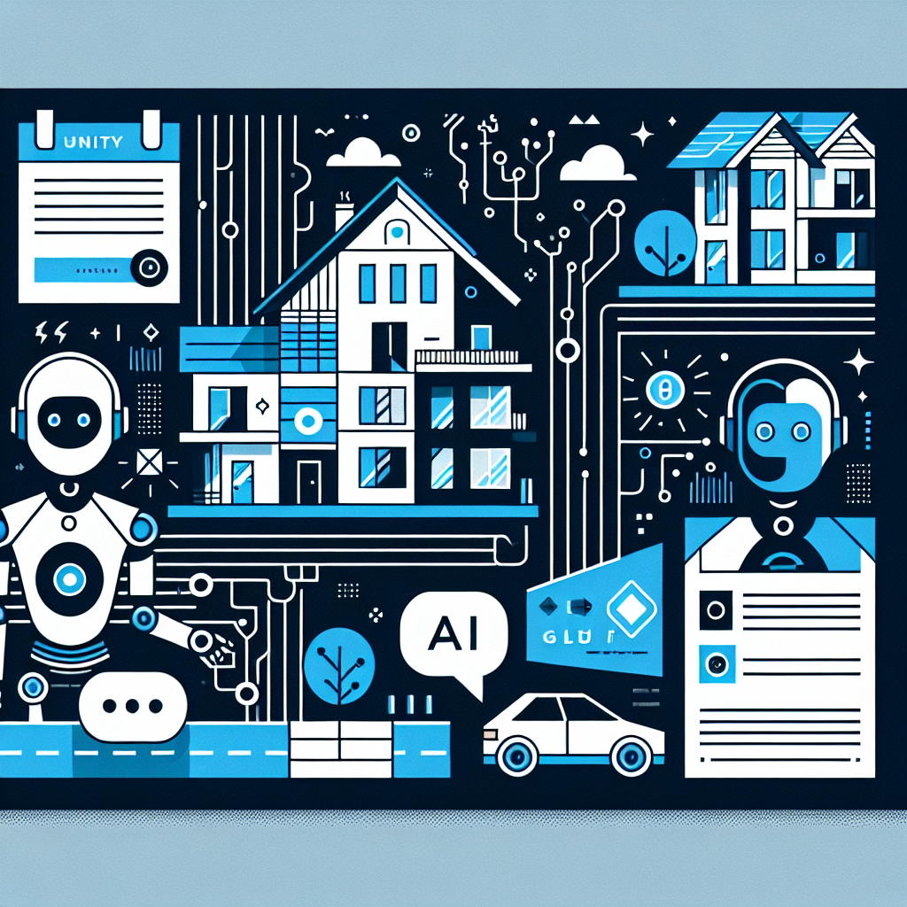 Bold and minimal-tech illustration featuring AI companions, including stylized robots and digital avatars, engaging with properties, symbolizing autonomous property management through tech symbols and a vibrant color palette of Stratos, Gulf Blue, Black, and White.