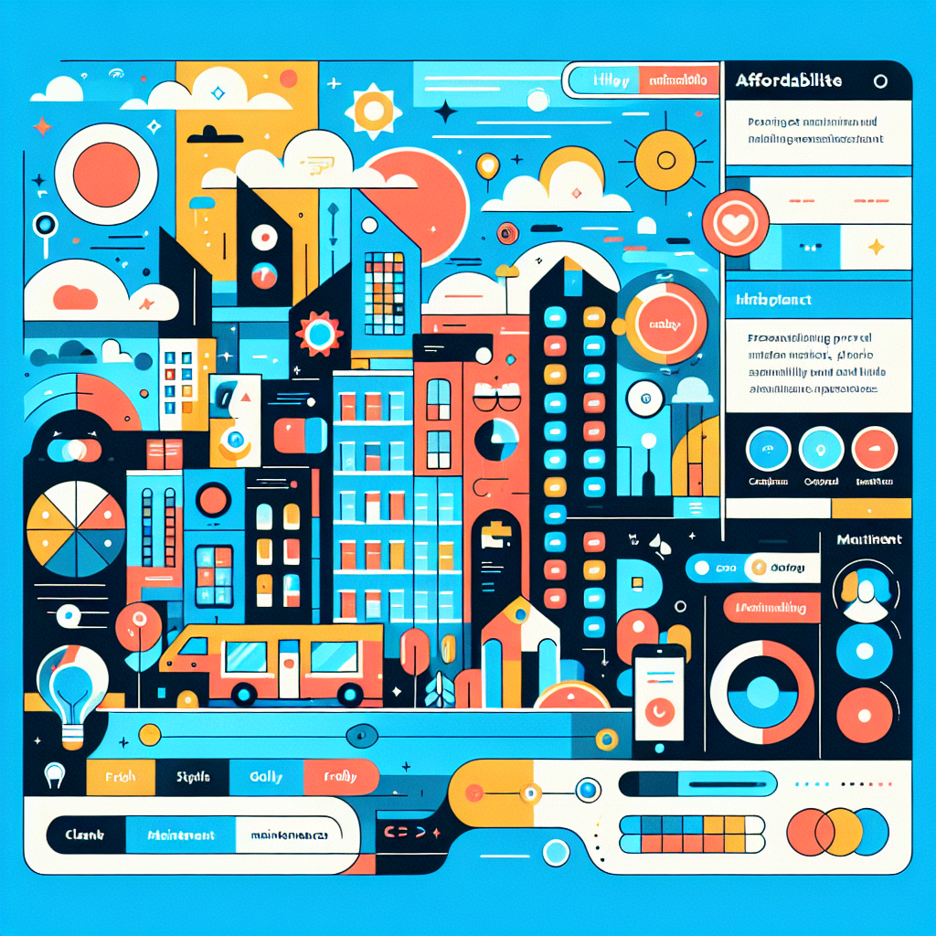 Vibrant illustration of a stylized cityscape with colorful buildings and playful AI character icons, representing an affordable maintenance service app, showcasing dynamic tech elements and a user-friendly design.
