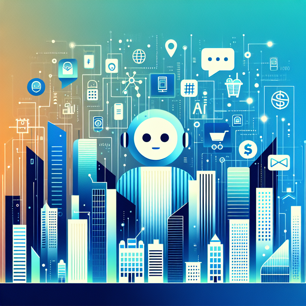 Modern cityscape with a bold Gulf Blue and Stratos gradient background featuring playful flat illustrations of buildings and payment icons, symbolizing the integration of affordable online payment solutions and personalized technology through abstract AI companions.