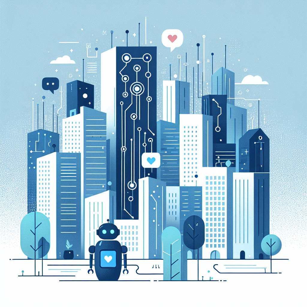 Minimalist city skyline in Stratos and Gulf Blue featuring flat-styled buildings with tech elements and an abstract AI companion design, illustrating affordable property management automation in a professional, clean aesthetic.