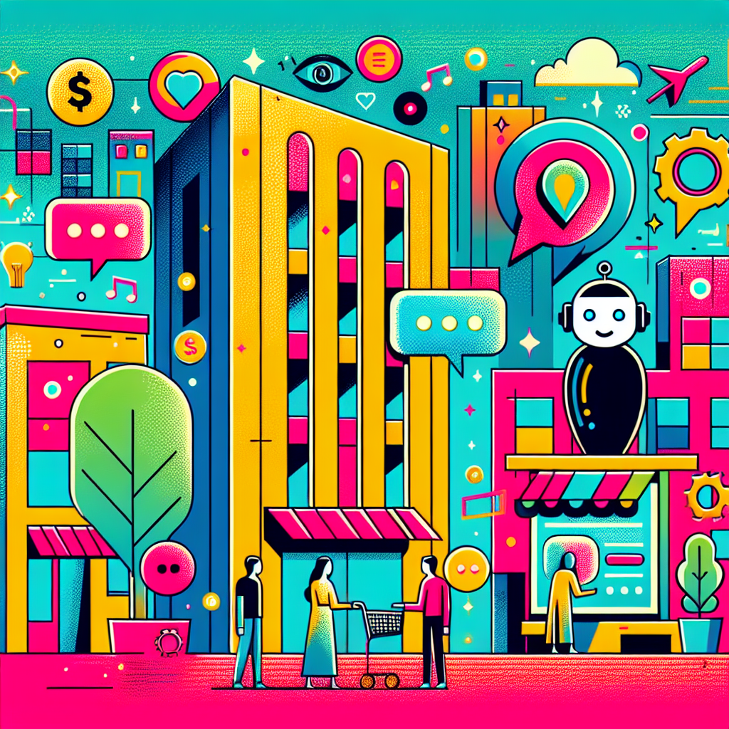 Bright illustration of a cityscape with AI characters assisting tenants, symbolizing the benefits of online rent payment through playful interactions and vibrant colors.