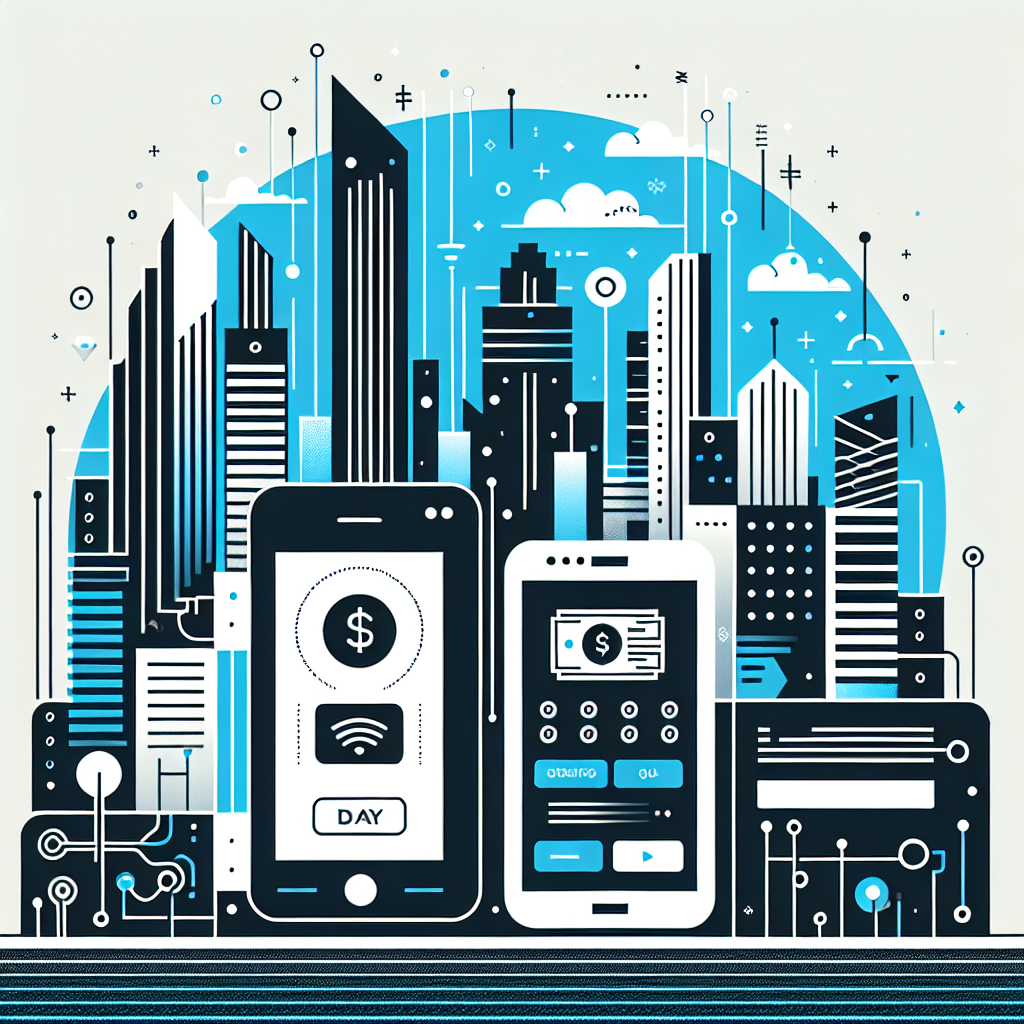 Modern cityscape in Stratos and Gulf Blue colors featuring flat illustrations of digital payment elements, including a stylized digital wallet, minimalist smartphone with rent payment interface, and outlines of buildings, conveying best practices for online rent payment with a professional and cohesive aesthetic.