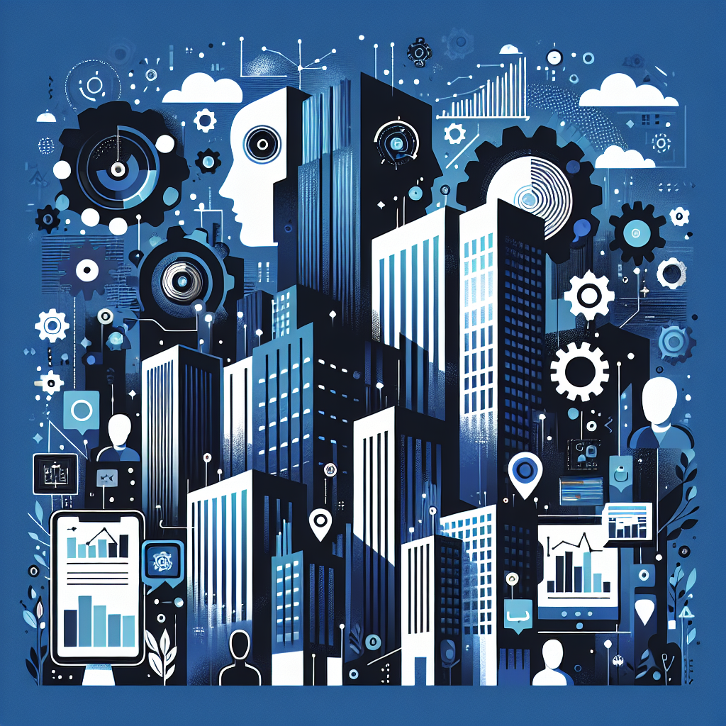 Modern cityscape featuring high-rise buildings in Stratos and Gulf Blue, with flat illustrations of tech devices displaying property management analytics, gears, and abstract AI companions, symbolizing the best property management automation tools in a bold, professional design.