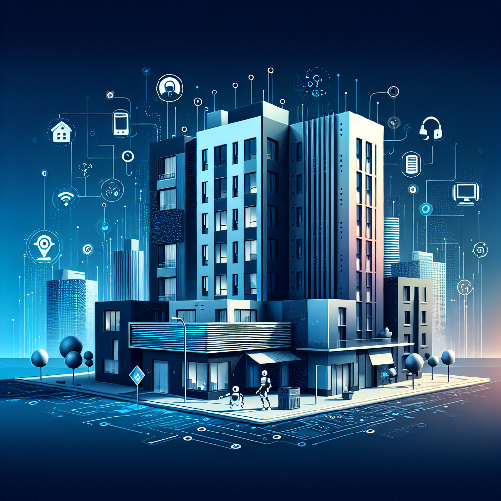 Illustration of a modern residential building in black and white with Gulf Blue accents, surrounded by minimalist tech icons like smartphones and laptops, depicting the theme of connectivity; playful AI companion figures enhance the image's personalized feel. Perfectly represents the blog about the best property management software for residential buildings.