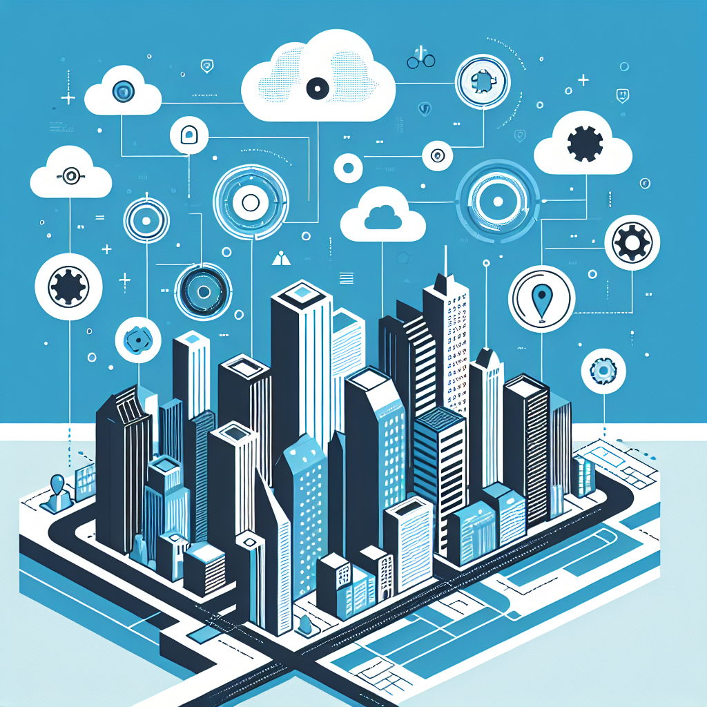 Modern city skyline illustration in flat design featuring shades of Stratos and Gulf Blue, with cloud icons and abstract tech grids representing cloud-based property management automation.