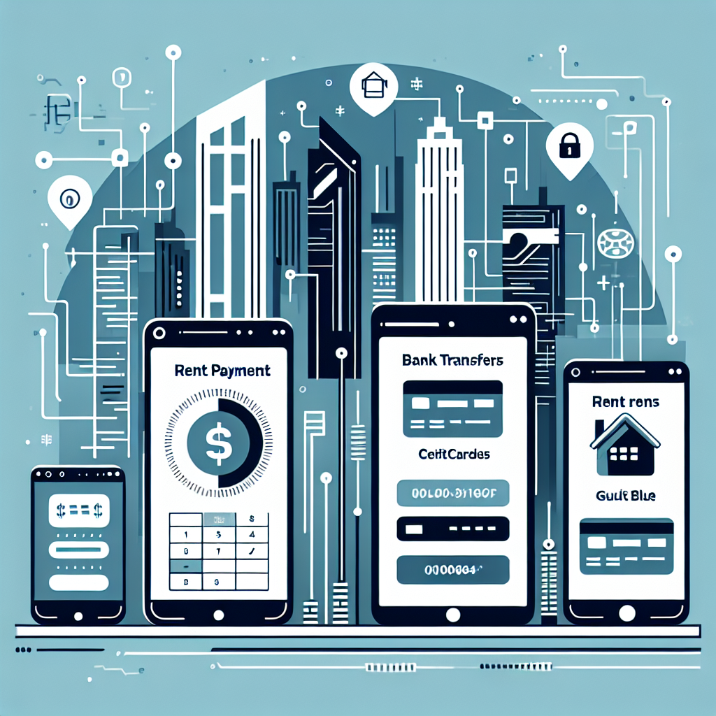 Flat illustration of a modern city skyline with digital devices like smartphones and tablets showcasing digital rent payment options, surrounded by minimalist icons for bank transfers and e-wallets, emphasizing a professional and tech-savvy aesthetic.