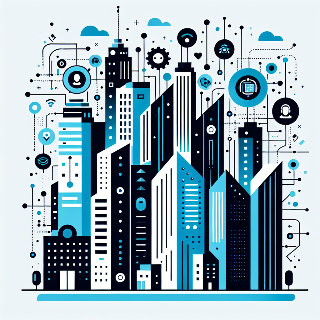 Professional minimalist image illustrating digital transformation in property management, featuring a modern city skyline in dark colors against a white background, with abstract AI elements and playful icons representing personalization, creatively blending technology with property management concepts.