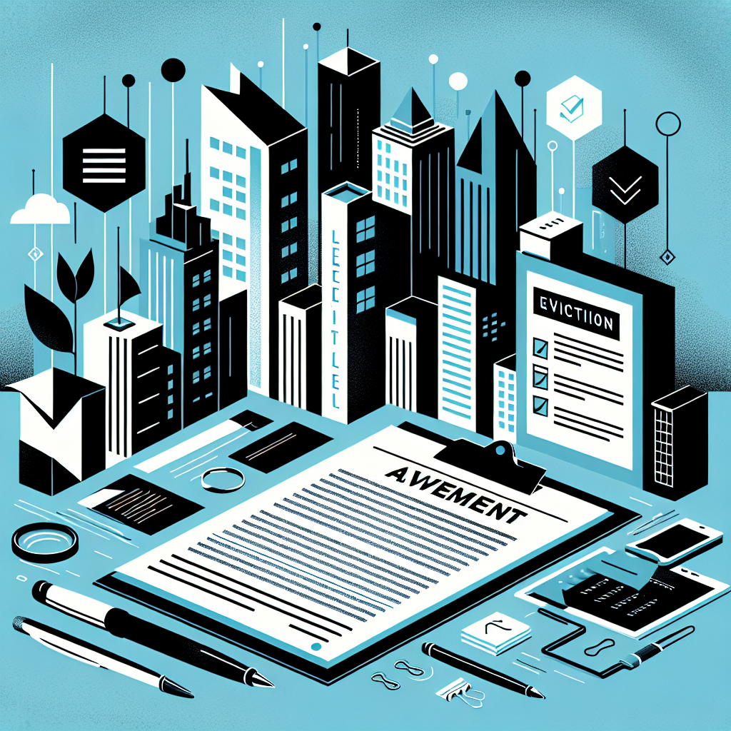 Professional illustration of essential documentation needed to evict tenants, featuring a city skyline in Stratos and Gulf Blue shades, with a lease agreement and eviction notice on a decorative desk, complemented by minimalist tech elements like a digital clipboard and organizational icons.