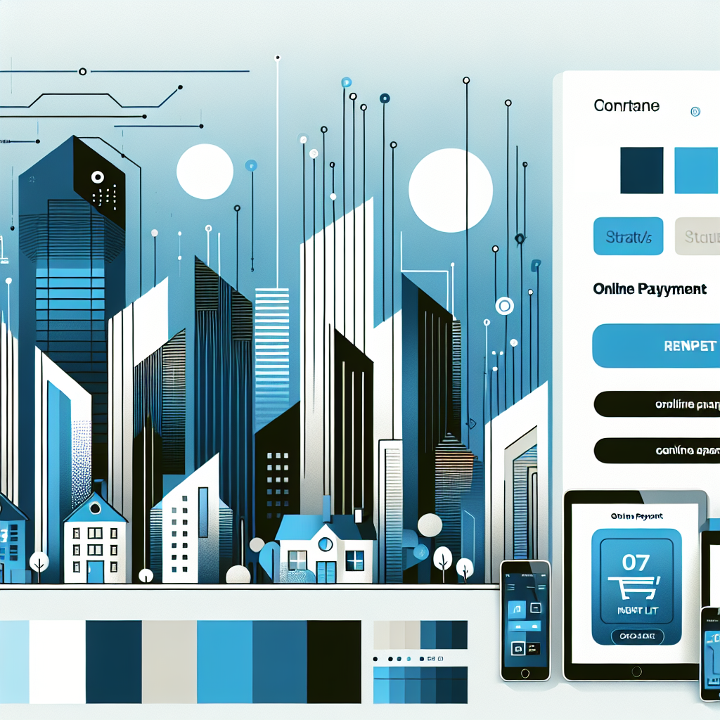 Minimal-tech cityscape showcasing stylized buildings in Stratos and Gulf Blue, featuring digital devices displaying easy-to-use online rent payment interfaces, interconnected with geometric lines, embodying a modern and professional atmosphere.