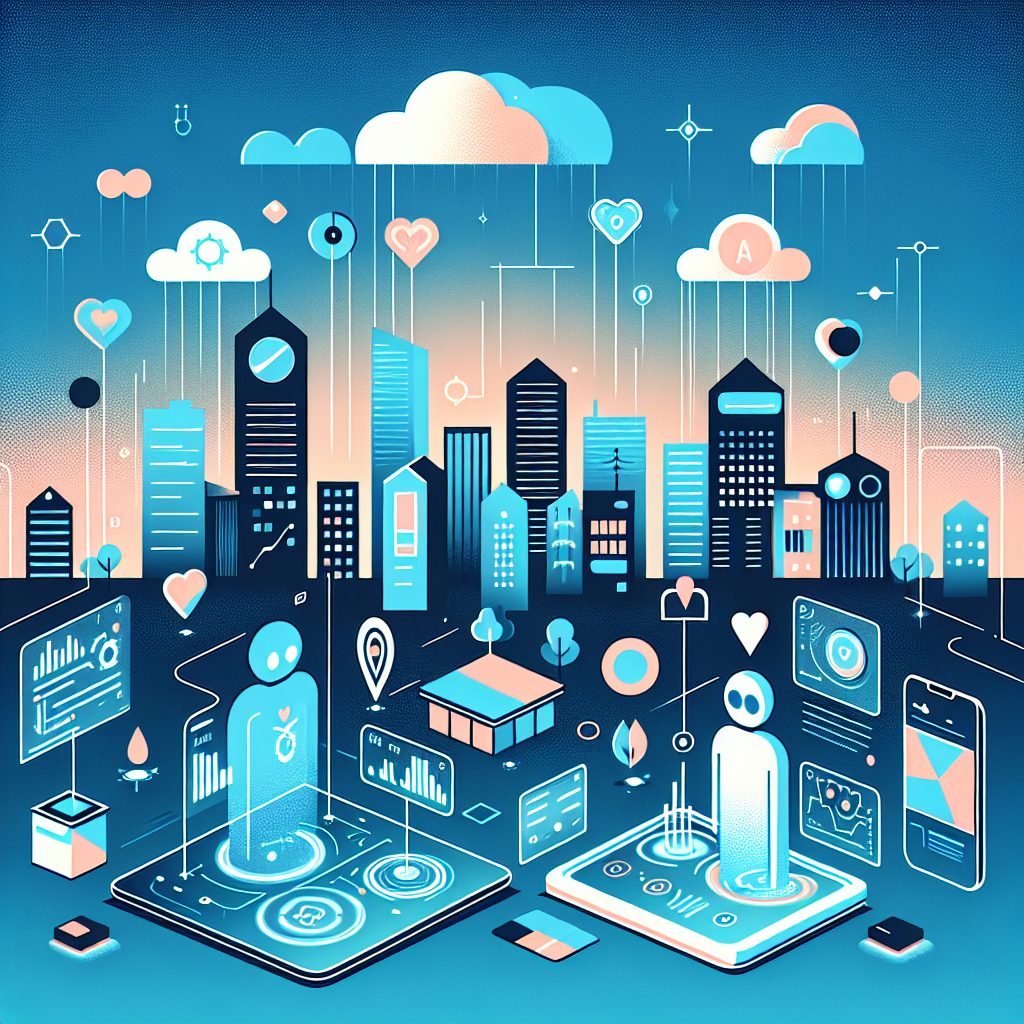 Vibrant illustration of sleek buildings and friendly AI companions showcasing emerging trends in property management, featuring personalized interactions and abstract elements against a Gulf Blue and Stratos gradient background.