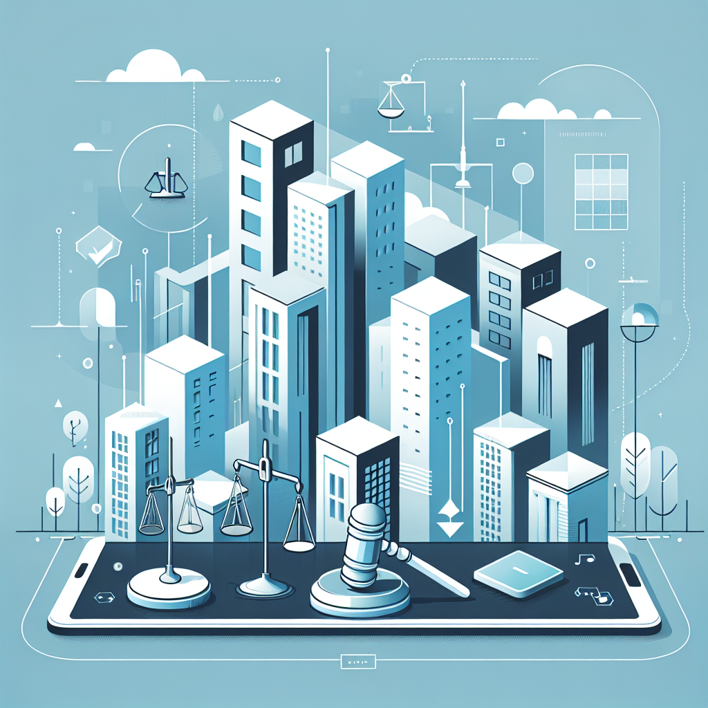 Stylized cityscape background with minimalist buildings in Stratos and Gulf Blue colors, featuring icons of eviction laws by state, including a gavel and scales of justice, alongside tech elements like a digital tablet, reflecting a modern approach to understanding eviction laws by state.