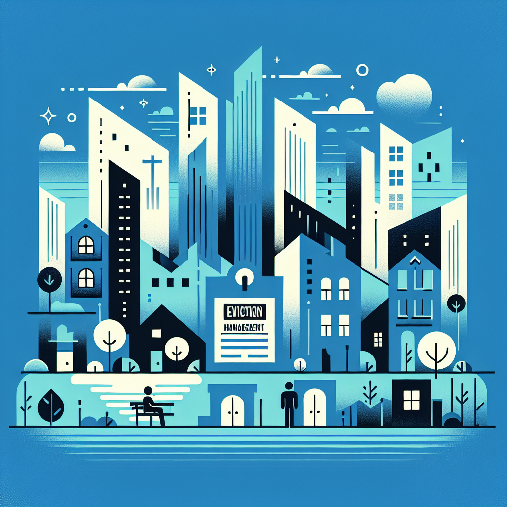 Professional graphic featuring a minimalist cityscape in Stratos and Gulf Blue, illustrating eviction notice requirements with abstract eviction icons and tenant silhouettes, reflecting a clean and bold design aligned with Unify LIV's brand identity.