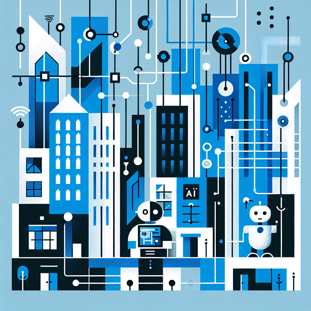 Bold and minimalistic illustration showcasing a sleek city skyline in Unify LIV brand colors, featuring AI elements like stylized robots interacting with buildings, representing the future of property management through modern technology and geometric designs.