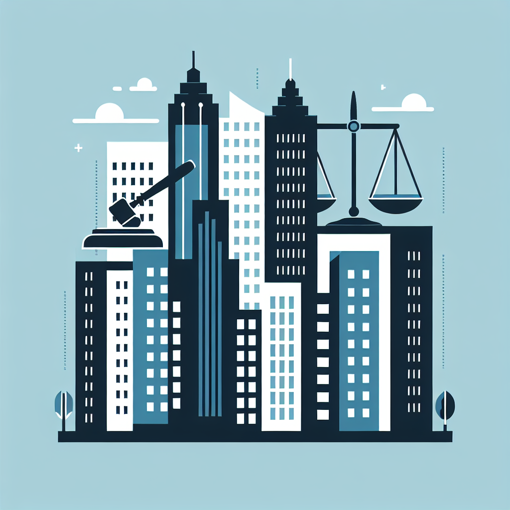 Minimalist cityscape featuring simplified building silhouettes in Stratos and Gulf Blue, with flat icons like a gavel and legal scales integrated into the skyline, representing handling tenant complaints legally for landlords.