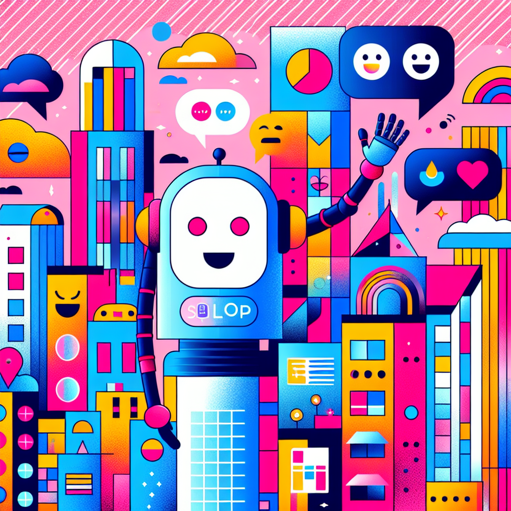 Vibrant illustration depicting a friendly AI robot offering support in a colorful cityscape, symbolizing handling tenant evictions with compassion and personalization through playful elements and supportive phrases.