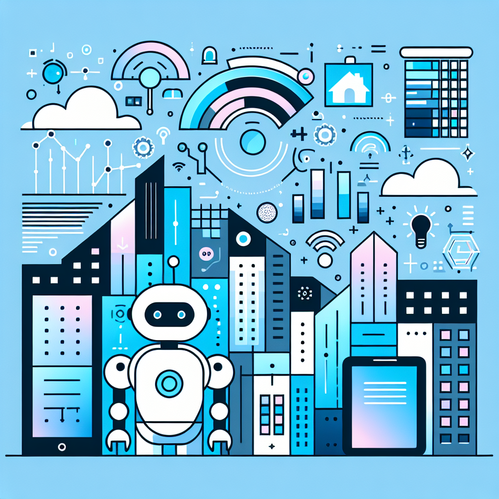 Illustration of a friendly AI companion interacting with users through minimal tech devices against a subtle cityscape background, embodying how to automate property management tasks with engaging geometric shapes and icons, all designed in a professional color palette of Stratos, Gulf Blue, Black, and White.