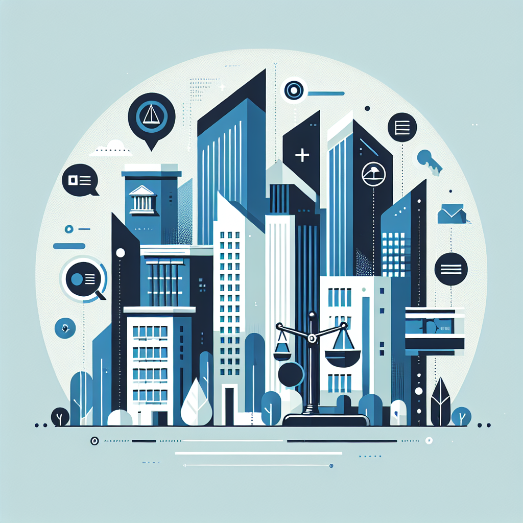 Bold flat illustration of a cityscape with various buildings in Stratos and Gulf Blue, featuring minimalist tech elements like chat bubbles and legal scales, symbolizing how to handle tenant disputes legally, complemented by sleek imagery of legal documents and a gavel, maintaining a clean and professional design.