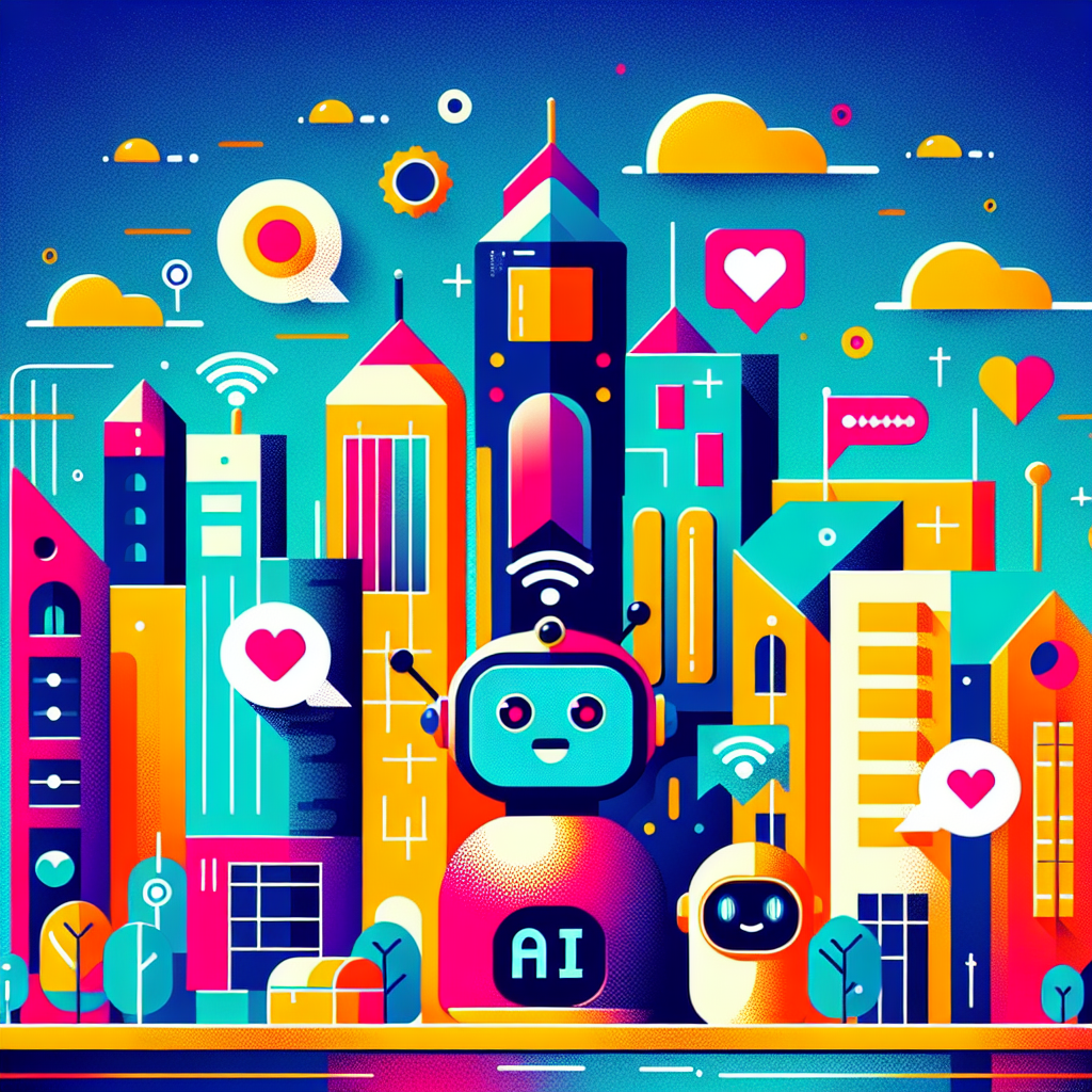 Vibrant cityscape illustration featuring modern buildings, friendly AI characters, and playful elements symbolizing companionship and innovation in innovative property management practices.