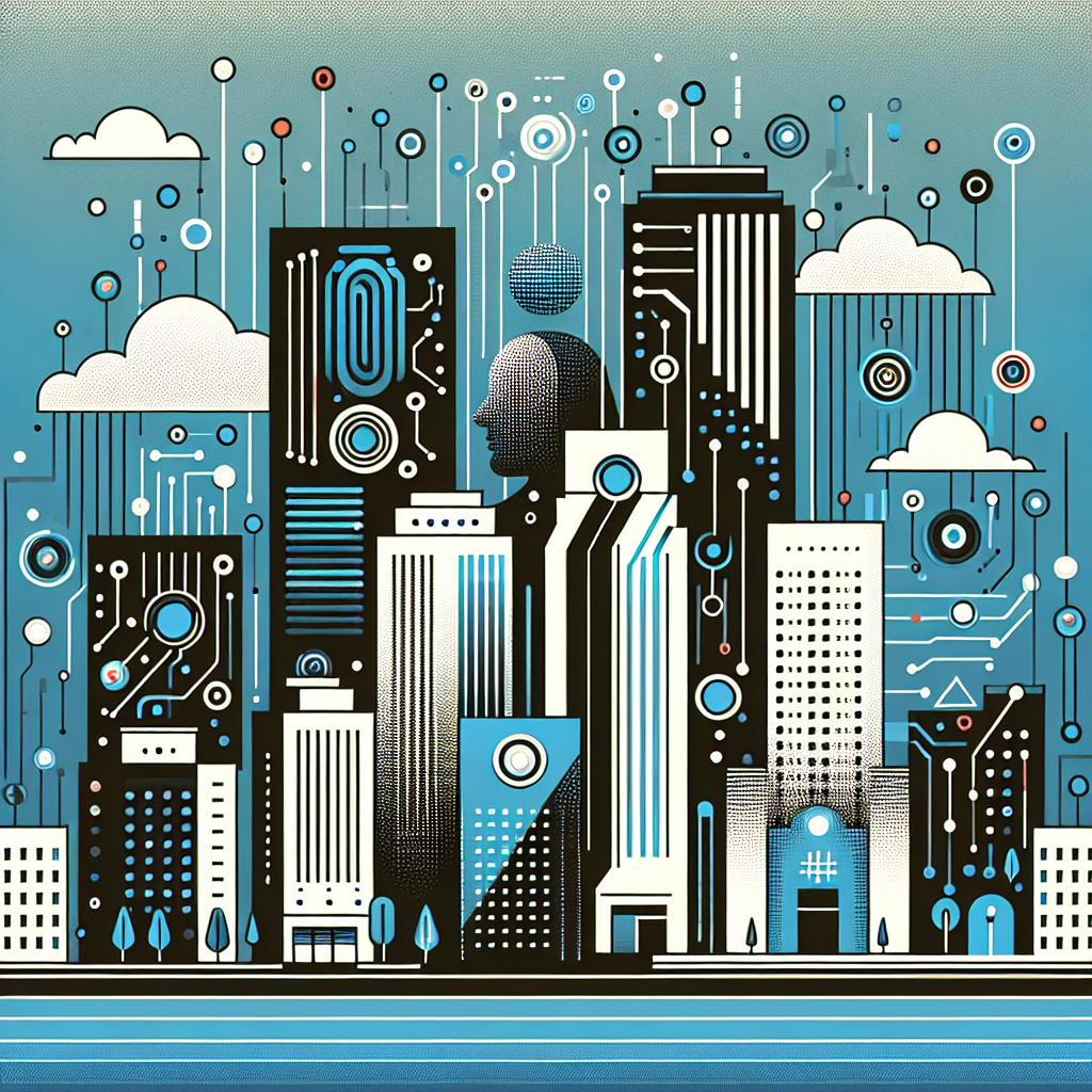 Futuristic city skyline featuring modern buildings and abstract AI technology elements, designed for the blog on the latest property management trends with a minimalistic approach in Stratos, Gulf Blue, Black, and White colors.