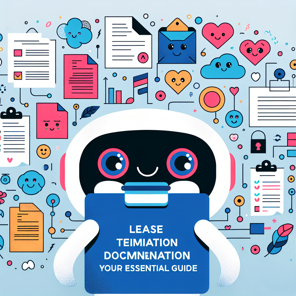 Whimsical AI companion holding a clipboard, surrounded by oversized lease termination documentation and playful icons like hearts and smiling faces, set against a modern minimalist background