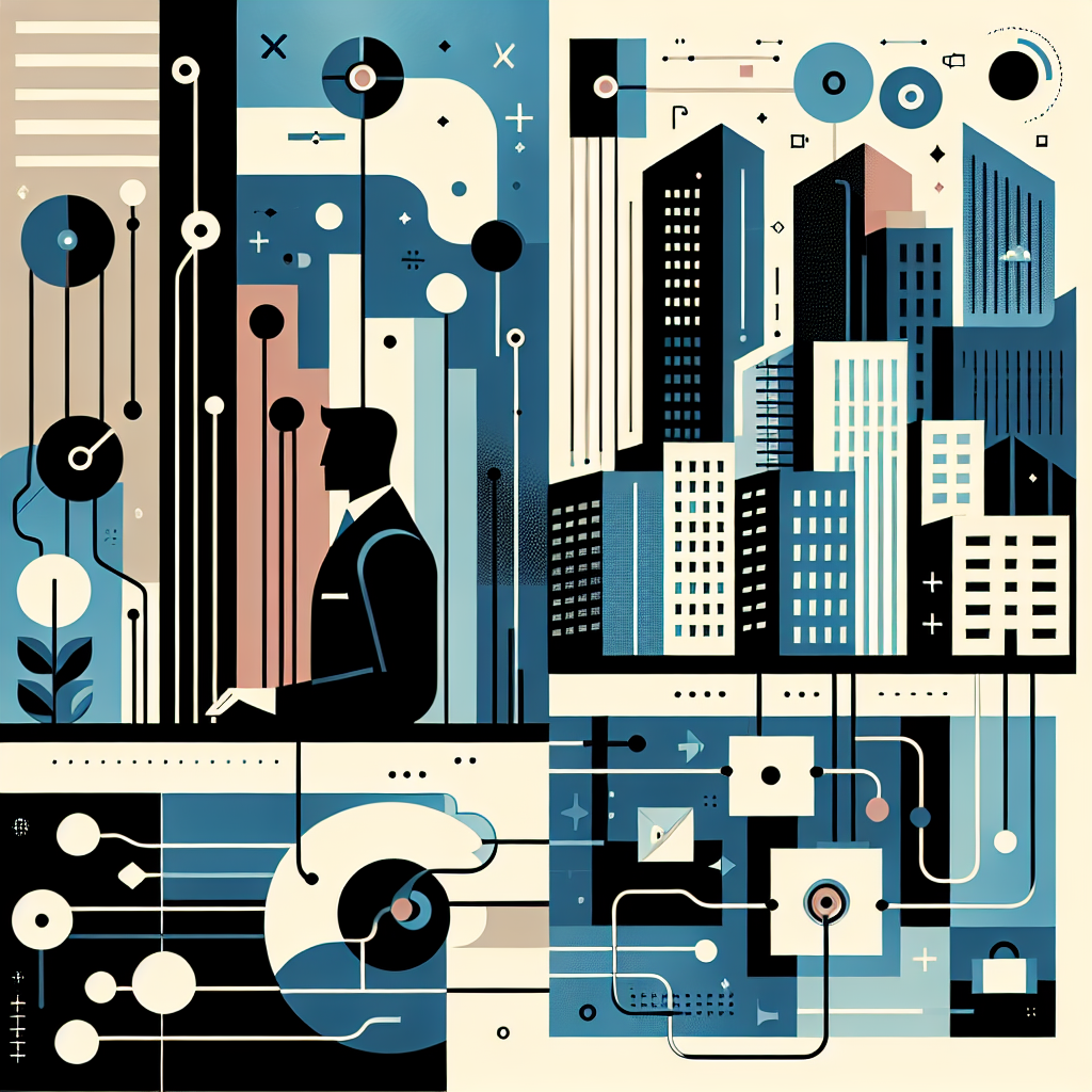 Professional image featuring a modern city skyline with office buildings and residential apartments, showcasing flat illustrations in Unify LIV brand colors. Incorporates minimalist tech elements and legal document motifs, with bold geometric shapes in the background. An abstract depiction of a person contemplating next steps emphasizes the theme of a legal notice to vacate, aligning with real estate management concepts in a clean, structured design.