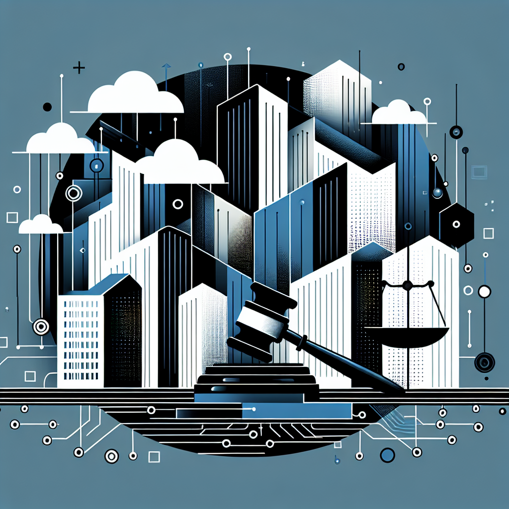 Professional minimalist image of an abstract cityscape with clean-lined buildings and tech elements, featuring a gavel and scales of justice, representing the legal steps to evict a tenant.
