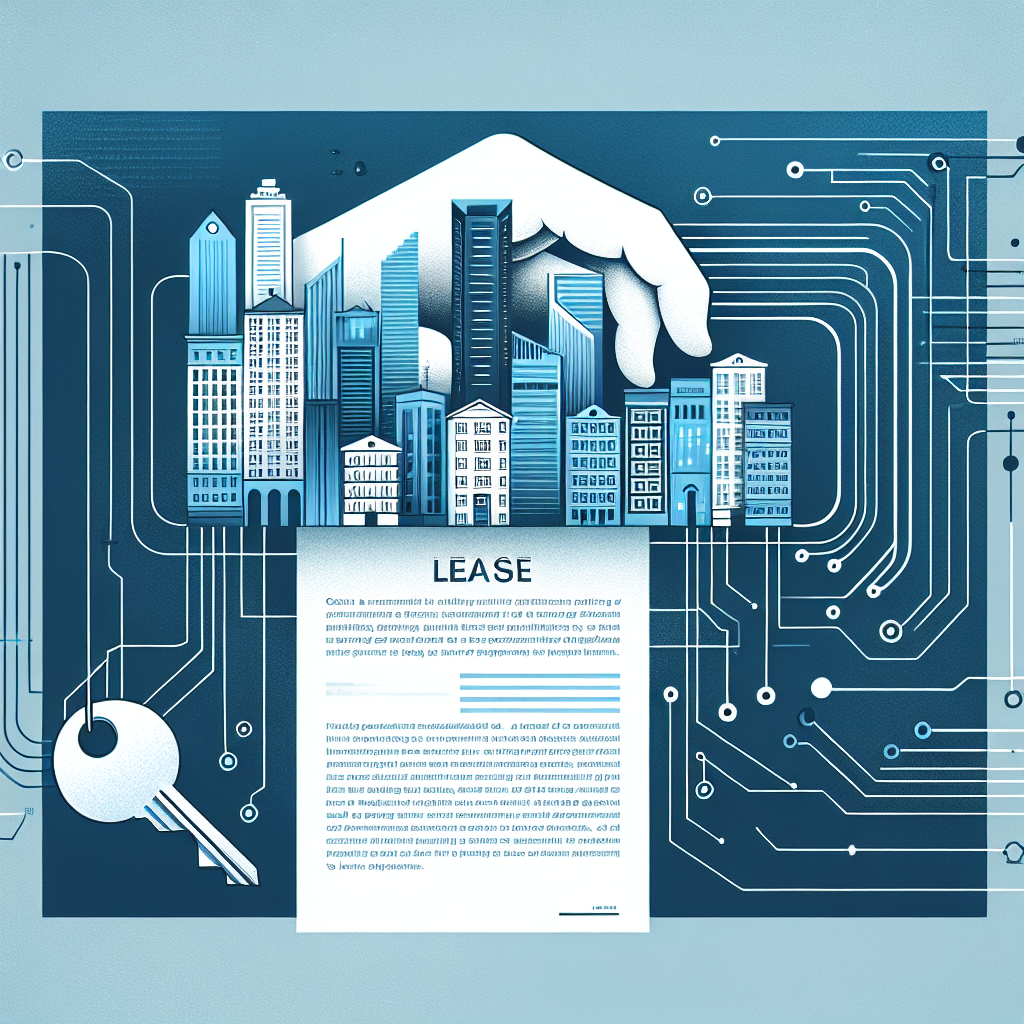 Minimalistic illustration of a city skyline showcasing various buildings in shades of Stratos and Gulf Blue, featuring an abstract lease document and stylized key, symbolizing legal ways to terminate a lease with a tech-driven approach.