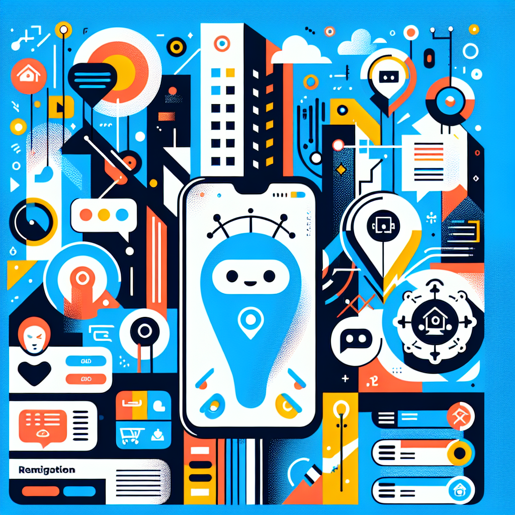 Modern smartphone displaying mobile property management automation features with a friendly AI assistant, vibrant colors, and a cityscape background, emphasizing efficiency and innovation in property management.