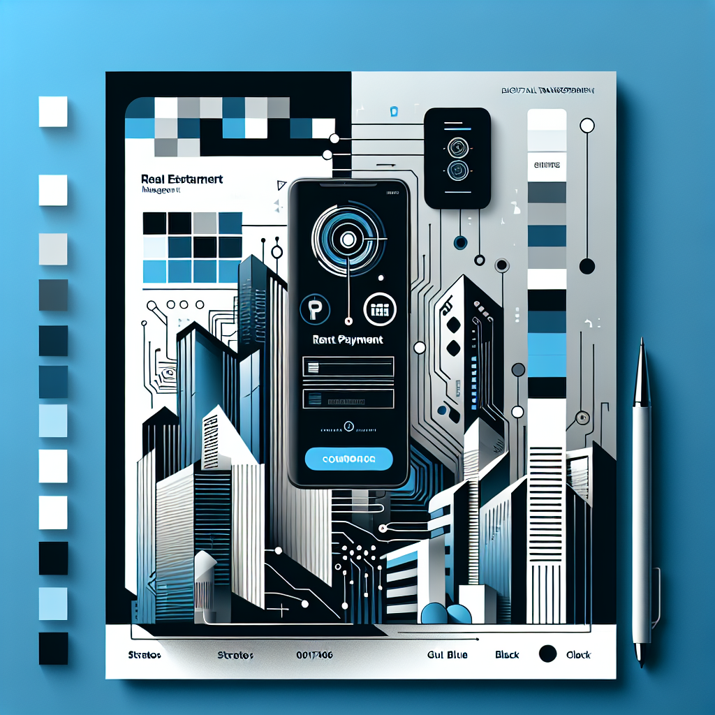 Professional minimal-tech illustration of a smartphone displaying a mobile rent payment app interface, surrounded by bold geometric shapes, with a sleek city skyline silhouette in the background, conveying a sense of productivity and digital innovation.