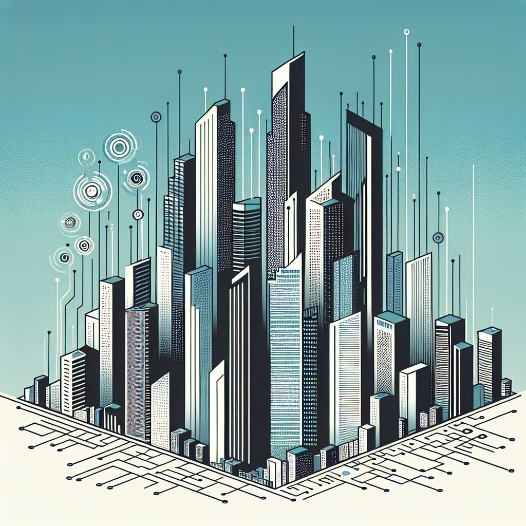 Minimalist cityscape illustration with a gradient background of Stratos and Gulf Blue, featuring sleek buildings and subtle circuit patterns, representing online payment processing for property managers in a professional tech style.