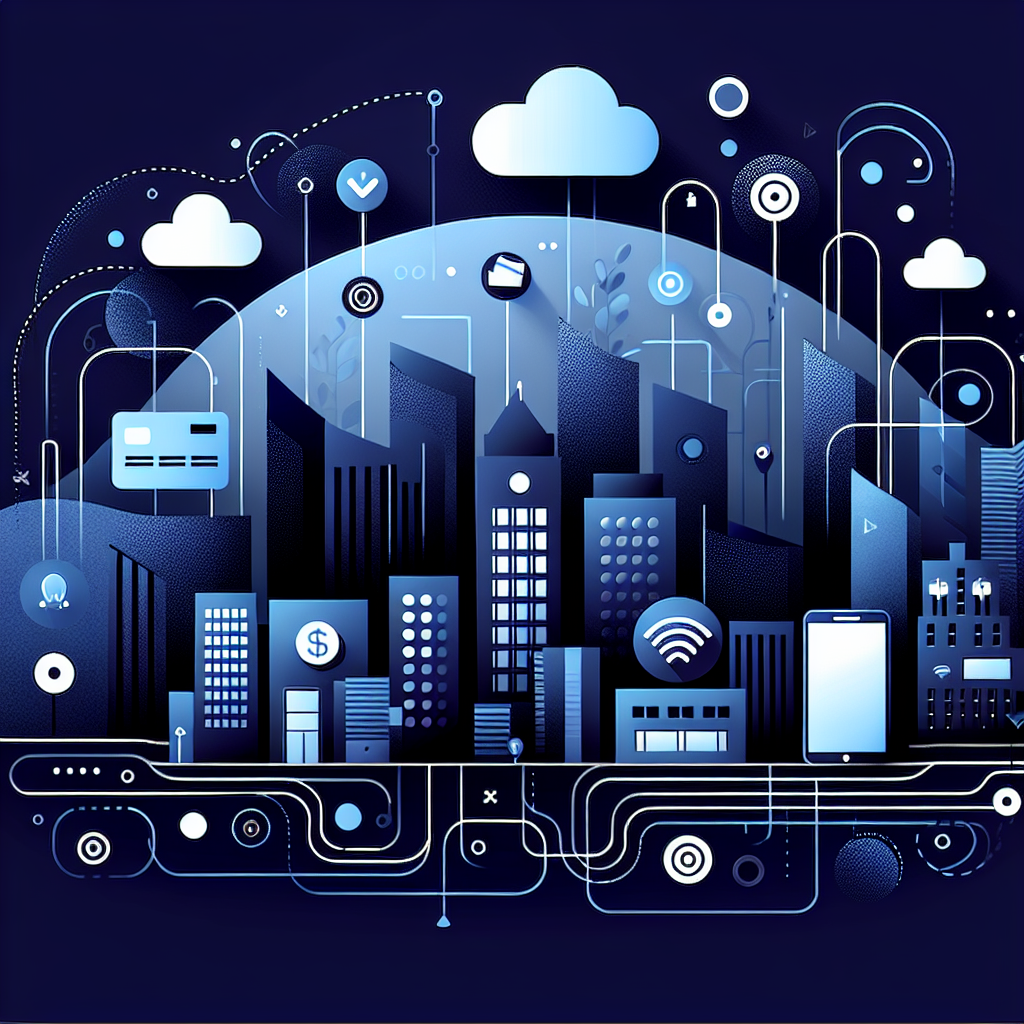 Minimalist skyline featuring modern buildings with digital payment icons and connectivity lines, illustrating online rent payment integration within the Unify LIV brand colors.