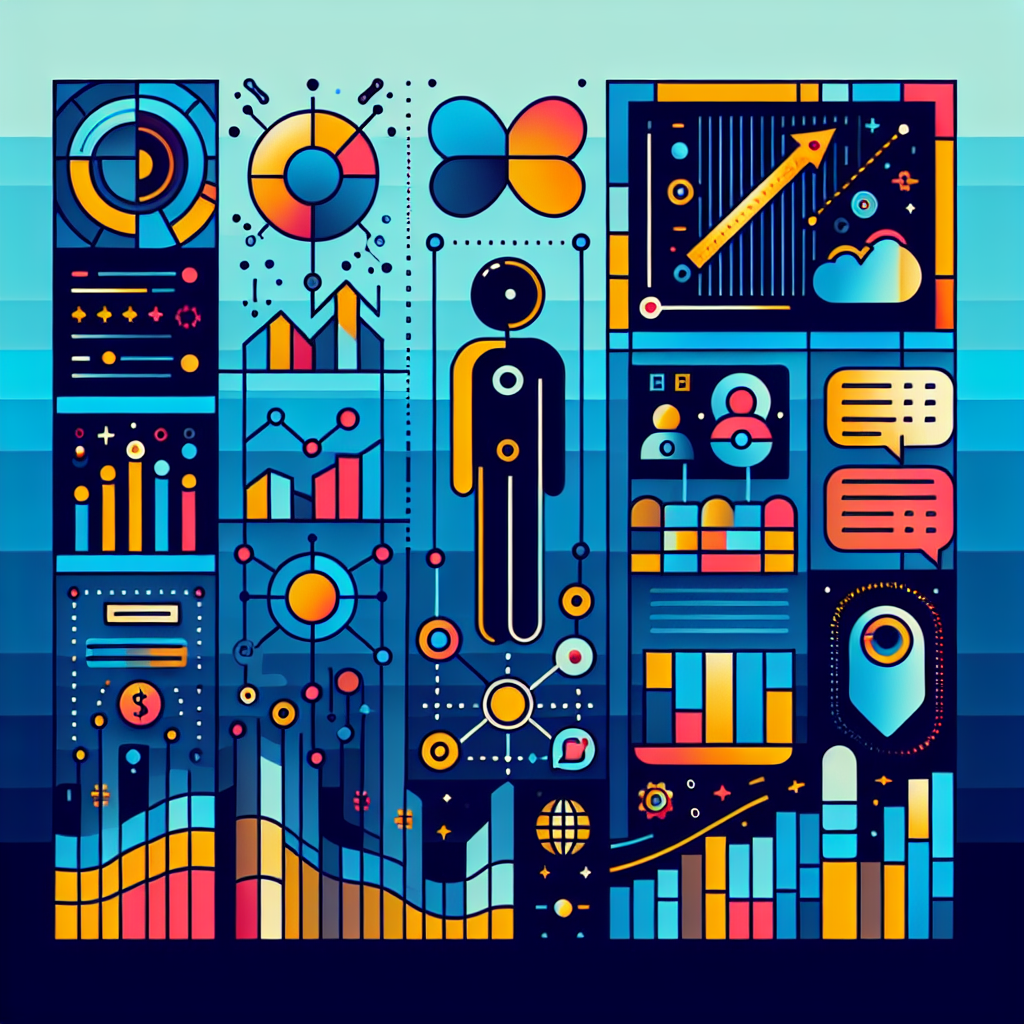 Abstract illustration of predictive analytics software featuring data visualizations like bar graphs and line charts, integrated with colorful flat designs of AI companions and personalization icons, set against a gradient background of Stratos and Gulf Blue, embodying a professional yet vibrant tech-savvy vibe.