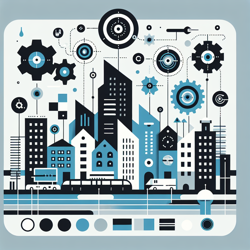 Minimalist image featuring stylized buildings and cityscapes in Stratos, Gulf Blue, Black, and White, with flat illustrations of gears and tech icons related to preventative maintenance management, embodying a sleek and professional design for property technology.