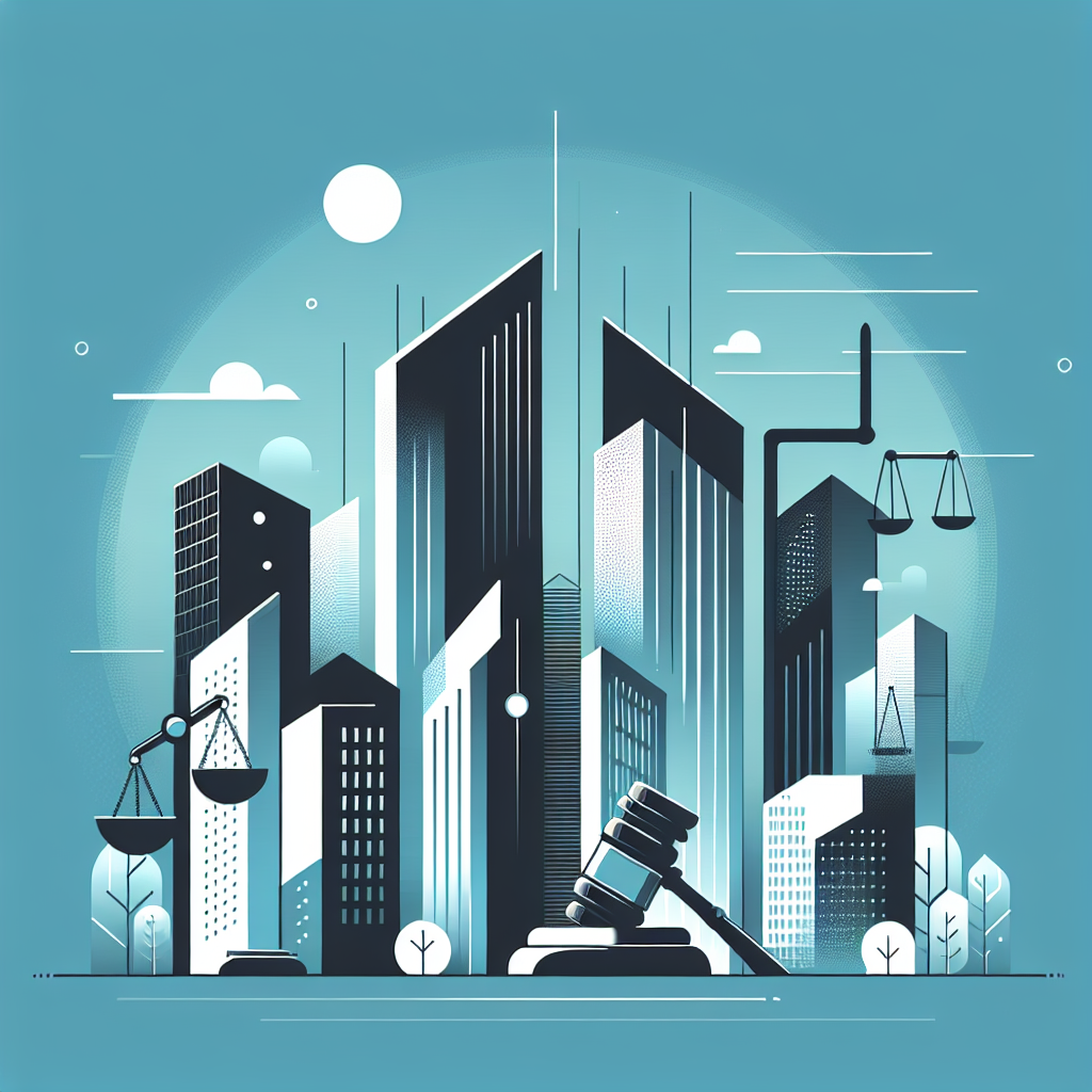 Minimalist cityscape featuring modern buildings in Stratos blue, Gulf Blue sky, and elements symbolizing property law for landlords like a gavel and scales of justice, designed with abstract geometric shapes for a professional look.