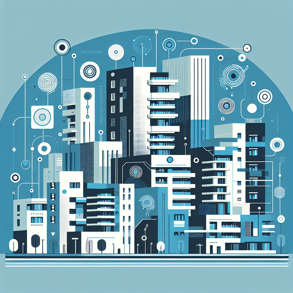 Stylized cityscape featuring modern multi-family buildings in Stratos and Gulf Blue, illustrated in a flat design with subtle circuit patterns and digital interface icons, embodying property management automation for multi-family units, enhanced by abstract shapes suggesting movement and interaction against a clean white background.