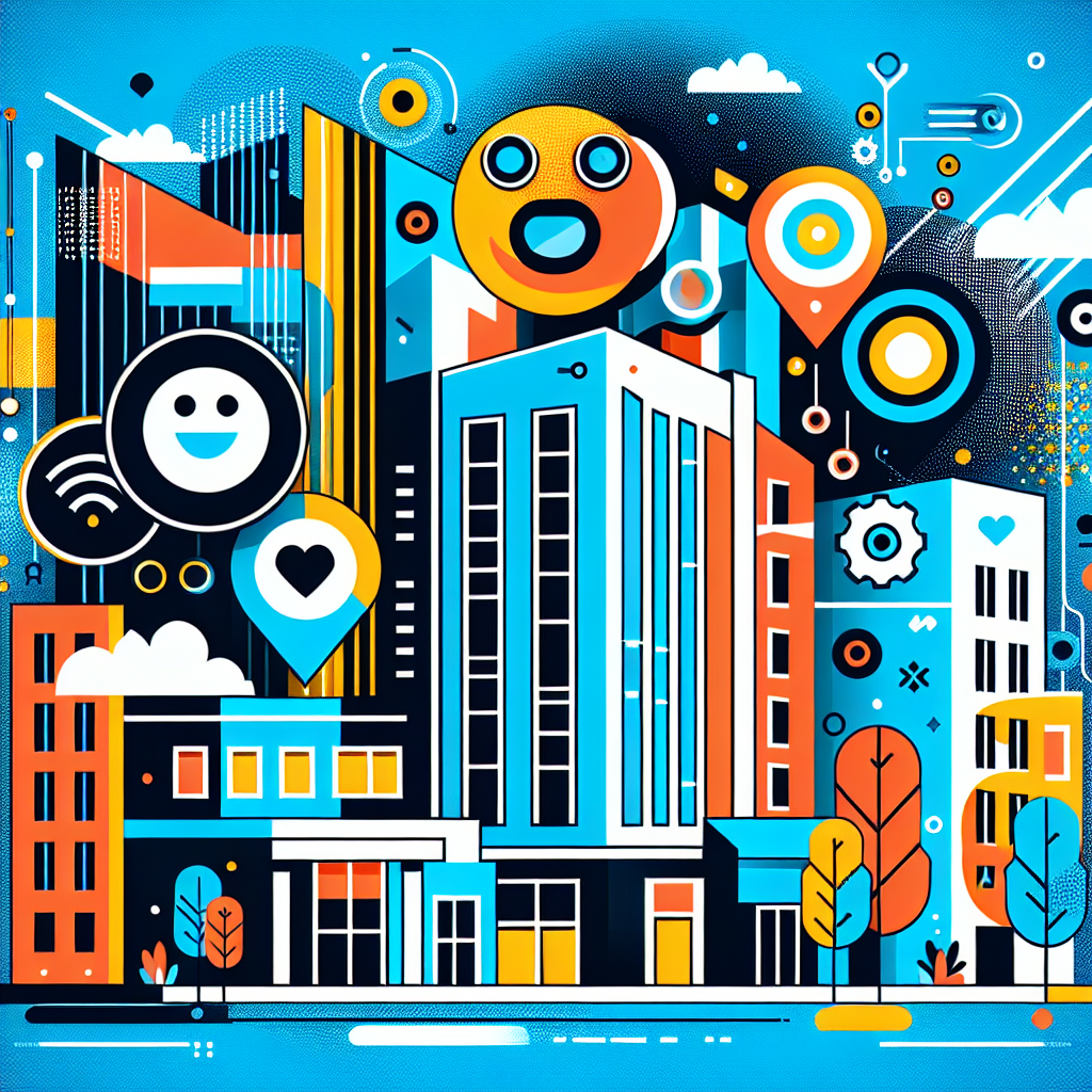 Vibrant illustration of a modern cityscape symbolizing property management automation for student housing, featuring automated elements like chatbots and AI interfaces, surrounded by playful abstract shapes in bold colors inspired by pop-art, representing the lively spirit of student life.