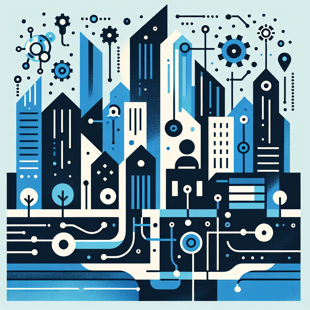 Stylized city skyline with minimalist icons representing property management automation software, featuring brand colors of Stratos, Gulf Blue, Black, and White, showcasing technology symbols, AI elements, and productivity motifs for a modern and approachable aesthetic.