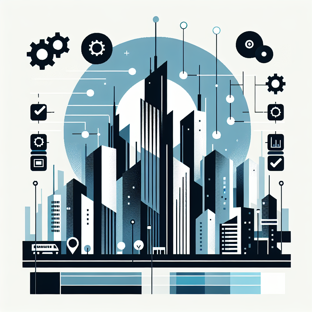 Bold flat illustration of a modern city skyline with minimalist buildings and integrated tech symbols symbolizing property management automation with maintenance tracking, using Stratos, Gulf Blue, Black, and White colors to align with the Unify LIV brand identity.