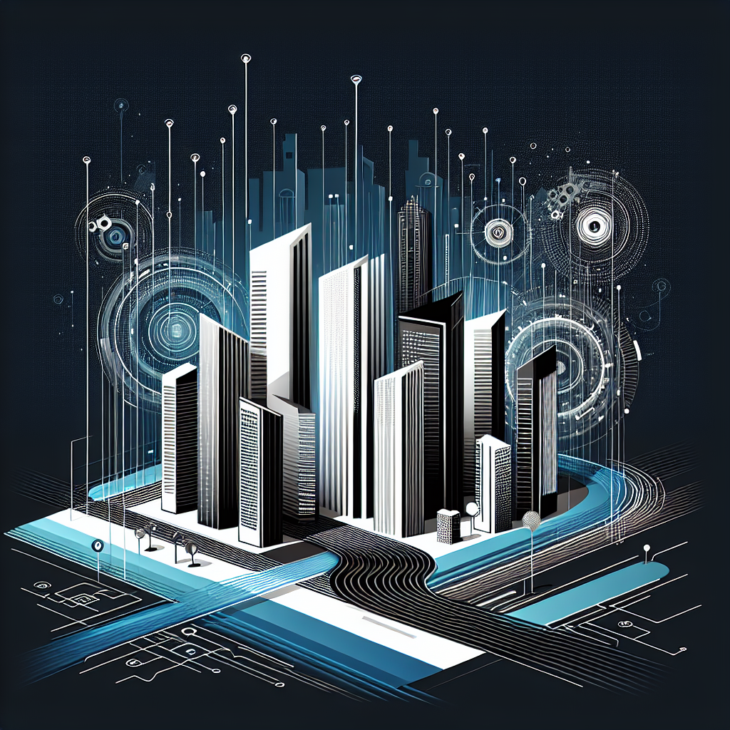 Stylized cityscape with sleek buildings in Stratos, Gulf Blue, Black, and White, illustrating property management automation with reporting and analytics through abstract data networks and minimalist tech elements like gears and graphs, conveying innovation and professionalism in real estate management.