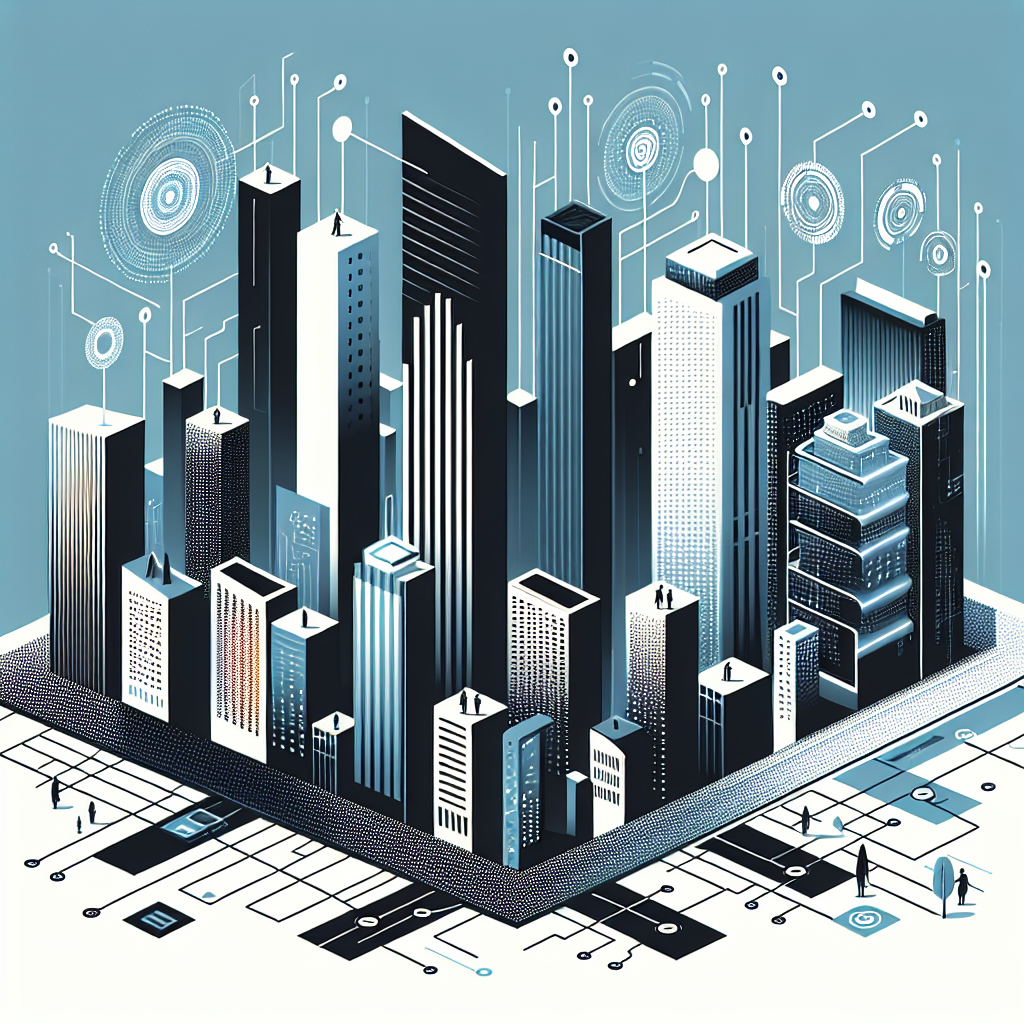 Modern cityscape illustration showcasing property management automation with sleek buildings in Stratos navy and Gulf Blue, featuring tech elements like circuit patterns and digital screens, symbolizing efficiency and collaboration in real estate management.